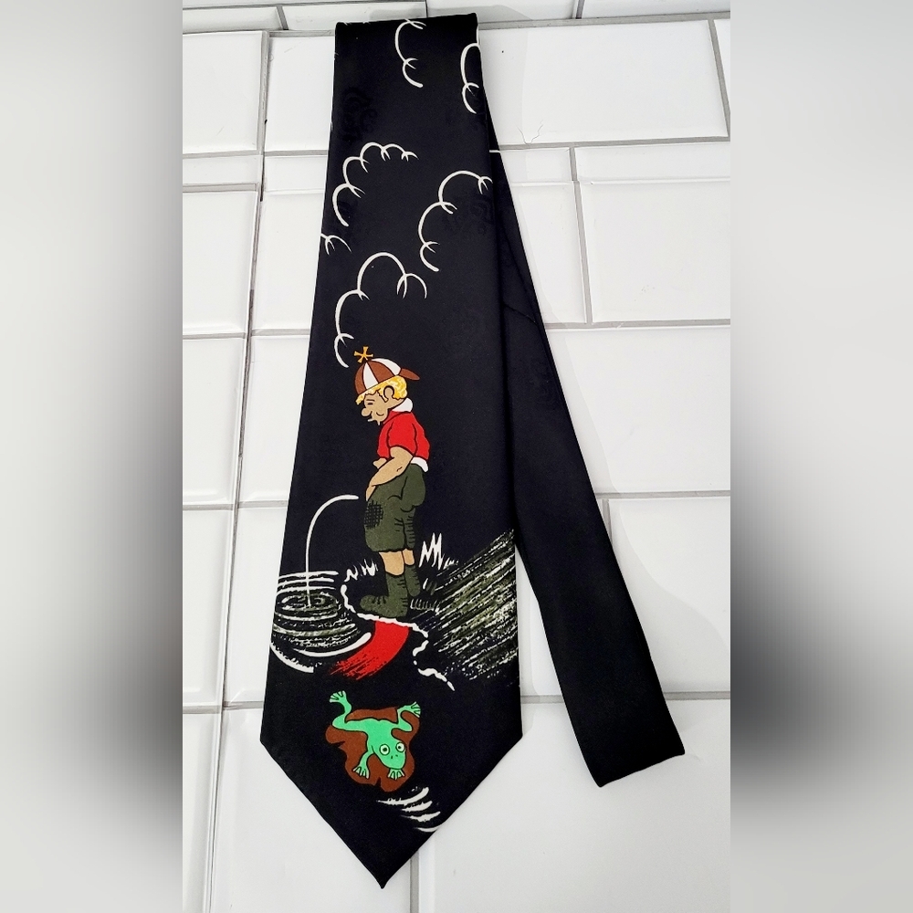 Dino Romaro Handmade Mens Black Novelty Necktie  Theme Little Boy | Frog | Creek